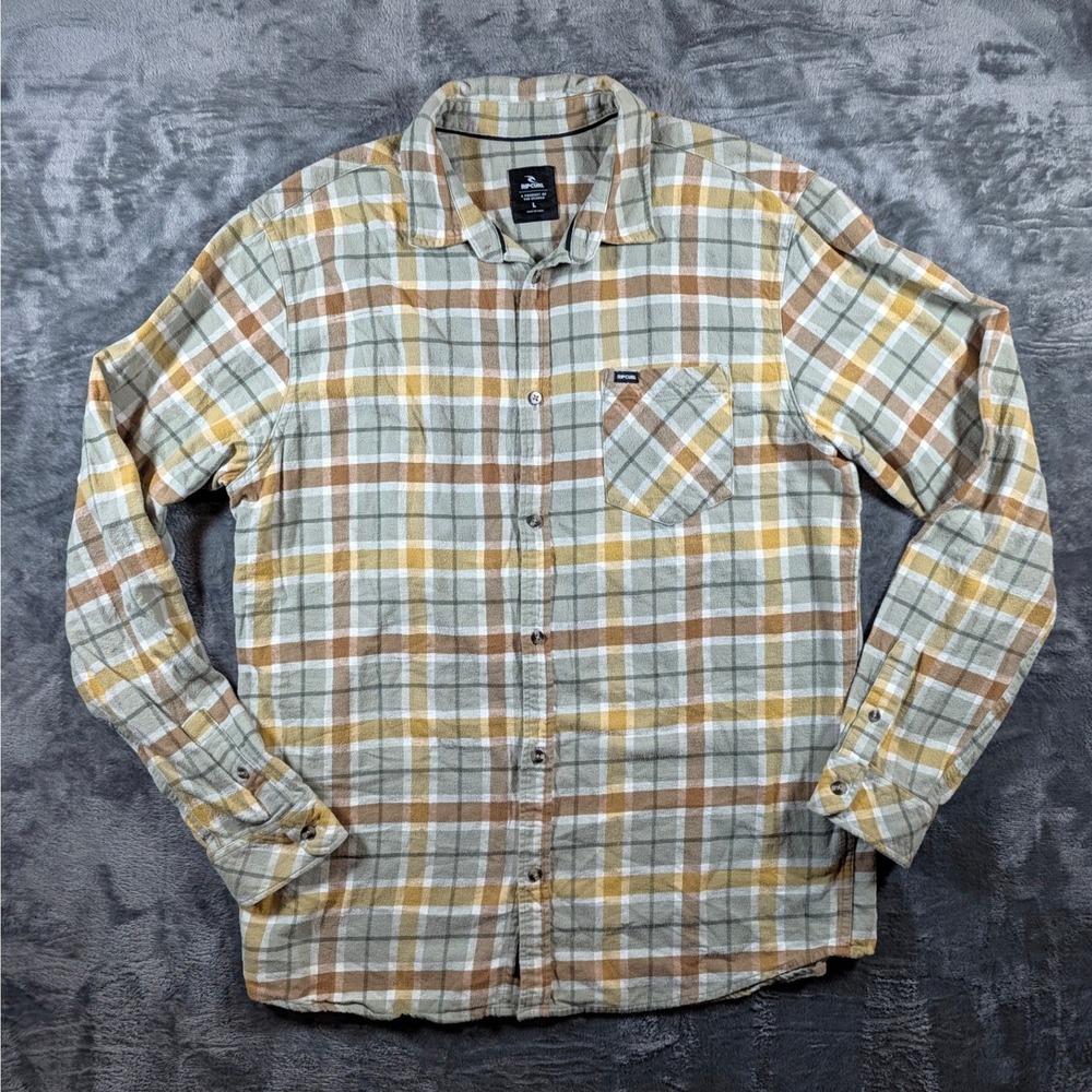 Rip Curl Mens Plaid Flannel Button Down Shirt Green Yellow Brown Large